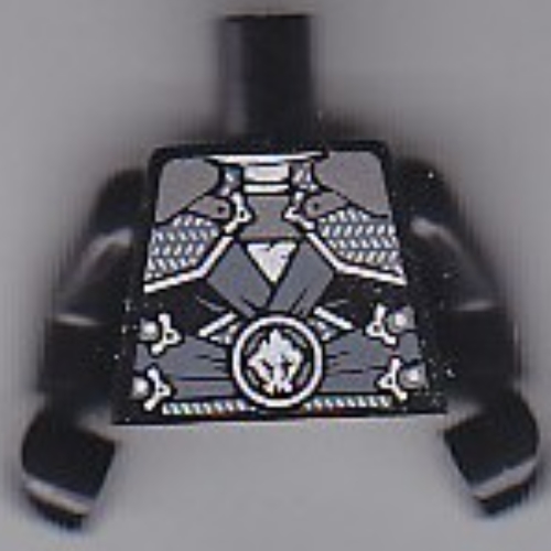 Visuel indicatif Rebrickable de Torse, armure avec plaques d'argent, ceinture ceinture gris bleuâtre foncé motif imprimé, bras et mains noirs (Torso, Armor with Silver Plates, Dark Bluish Gray Sash Belt Print, Black Arms and Hands)