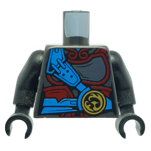 Visuel indicatif Rebrickable de Torse, armure, rouge foncé avec ceinture et sangle azur foncé, motif imprimé phénix or, bras et mains noirs (Torso, Armor, Dark Red with Dark Azure Belt and Strap, Gold Phoenix Print, Black Arms and Hands)