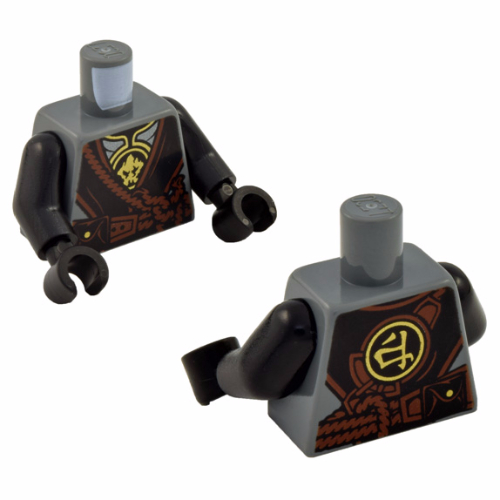 Visuel indicatif Rebrickable de Torse, robe, noir avec garniture brun rougeâtre sur armure d'argent avec emblèmes de terre d'or motif imprimé, bras et mains noirs (Torso, Robe, Black with Reddish Brown Trim over Silver Armor with Gold Earth Emblems Print, Black Arms and Hands)