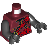 Visuel indicatif Rebrickable de Torse, armure avec sangles rouges et ceinture utilitaire avec emblème de puissance de feu imprimé, bras et mains noirs (Torso, Armor with Red Straps and Utility Belt with Fire Power Emblem Print, Black Arms and Hands)