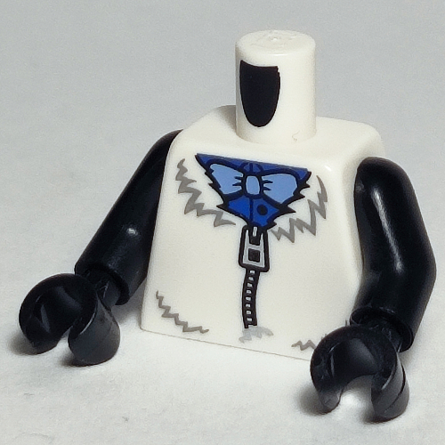 Visuel indicatif Rebrickable de Torse, Costume de fourrure avec fermeture à glissière, chemise bleue, motif : nœud papillon bleu moyen, bras noirs, mains noires (Torso, Fur Costume with Zipper, Blue Shirt, Medium Blue Bow Tie Print, Black Arms, Black Hands)