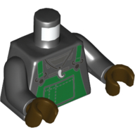 Visuel indicatif Rebrickable de Torse, salopette, vert sur chemise, collier avec motif imprimé pendentif dent/mâle/griffe, bras noirs, mains brun foncé (Torso, Overalls, Green over Shirt, Necklace with Tooth/Fang/Claw Pendant Print, Black Arms, Dark Brown Hands)