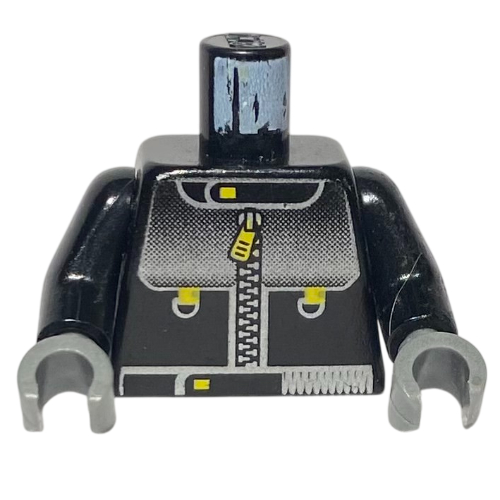 Visuel indicatif Rebrickable de Torse, veste en cuir avec motif imprimé à glissière (stuntman), bras noirs, mains gris foncé (Torso, Leather Jacket with Zipper Print (Stuntman), Black Arms, Dark Gray Hands)