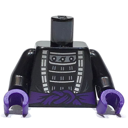 Visuel indicatif Rebrickable de Torse, robe, ouvert sur armure gris bleuâtre foncé, ceinture violet foncé motif imprimé, bras noirs, mains pourpre foncé (Torso, Robe, Open over Dark Bluish Gray Armour, Dark Purple Belt Print, Black Arms, Dark Purple Hands)