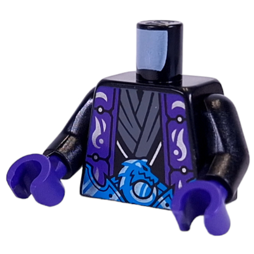 Torse, rave violet foncé, grande ceinture azur/argent foncé avec dragon, motif imprimé ceinture gris bleuté foncé, bras noirs, mains pourpre foncé (Torso, Dark Purple Rove, Big Dark Azure/Silver Belt with Dragon, Dark Bluish Grey Sash Print, Black Arms, Dark Purple Hands)