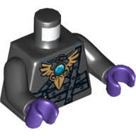 Torse, armure avec ceintures gris bleuté foncé, tête de corbeau or et bleu bijou rond (chi) motif imprimé, bras noirs, mains pourpre foncé (Torso, Armor with Dark Bluish Gray Belts, Gold Raven Head and Blue Round Jewel (Chi) Print, Black Arms, Dark Purple Hands)