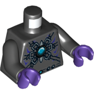 Visuel indicatif Rebrickable de Torse, armure corbeau avec ceintures gris bleuâtre foncé et motif imprimé chi orbe, bras noirs, mains pourpre foncé (Torso, Raven Armour with Dark Bluish Gray Belts and Chi Orb Print, Black Arms, Dark Purple Hands)