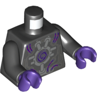 Torse, robot avec cadre argenté, fils violet foncé et tourbillon central motif imprimé, bras noirs, mains pourpre foncé (Torso, Robot with Silver Framework, Dark Purple Wires and Center Swirl Print, Black Arms, Dark Purple Hands)