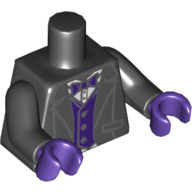Visuel indicatif Rebrickable de Torse, veste smoking, motif : nœud papillon pourpre foncé et gilet sur chemise blanche, bras noirs, mains pourpre foncé (Torso, Tuxedo Jacket, Dark Purple Bow Tie and Vest over White Shirt Print, Black Arms, Dark Purple Hands)