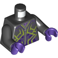 Visuel indicatif Rebrickable de Torse, veste avec fermeture à glissière, détails violet foncé avec motif imprimé de lignes de vert citron, bras noirs, mains pourpre foncé (Torso, Jacket with Zipper, Dark Purple Detailing with Lime Lines Print, Black Arms, Dark Purple Hands)