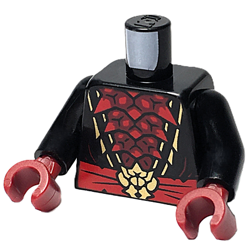 Torse, robes ninja, poitrine de pointes rouges foncés, ceinture rouge, boucle dorée, motif imprimé de garniture, bras noirs, mains rouge foncé (Torso, Ninja Robes, Dark Red Spikes Chest, Red Sash, Gold Buckle, Trim Print, Black Arms, Dark Red Hands)