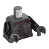 Torse, armure, poitrine noire, lignes rouge foncé, motif imprimé ceinture argentée, bras noirs, mains gris bleuté foncé (Torso, Armor, Black Chest, Dark Red Lines, Silver Belt Print, Black Arms, Dark Bluish Gray Hands)