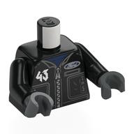 Torse, veste de course, argent '43', inscription 'BLOCK', métal bleu 'DERELICT' sur motif imprimé noir, bras noirs, mains gris bleuté foncé (Torso, Racing Jacket, Silver '43', 'BLOCK', Metal Blue 'DERELICT' on Black Print, Black Arms, Dark Bluish Gray Hands)