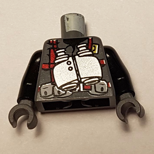 Visuel indicatif Rebrickable de Torse, gilet avec harnais rouge et jumelles argentées motif imprimé, bras noirs, mains gris bleuté foncé (Torso, Vest with Red Harness and Silver Binoculars Print, Black Arms, Dark Bluish Gray Hands)