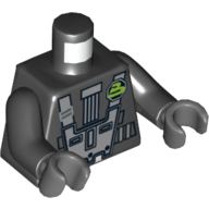 Visuel indicatif Rebrickable de Torse, police de l'espace 3 avec motif imprimé logo Blacktron ii, bras noirs, mains gris bleuté foncé (Torso, Space Police 3 with Blacktron II Logo Print, Black Arms, Dark Bluish Gray Hands)