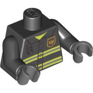 Torse, uniforme de feu, badge, rayures et motif imprimé radio, bras noirs, mains gris bleuté foncé (Torso, Fire Uniform, Badge, Stripes and Radio Print, Black Arms, Dark Bluish Gray Hands)