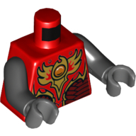 Visuel indicatif Rebrickable de Torse, gilet avec armure rouge foncé et or avec des écailles et feu chi emblème motif imprimé, bras noirs, mains gris bleuté foncé (Torso, Vest with Dark Red and Gold Armor with Scales and Fire Chi Emblem Print, Black Arms, Dark Bluish Gray Hands)