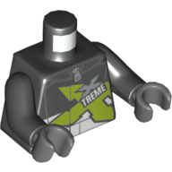 Visuel indicatif Rebrickable de Torse, Veste de course avec fermeture éclair et vert citron, motif imprimé 'XTREME' argenté et blanc, bras noirs, mains gris bleuté foncé (Torso, Race Jacket with Zipper and Lime, Silver and White 'XTREME' Print, Black Arms, Dark Bluish Gray Hands)