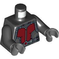 Visuel indicatif Rebrickable de Torse, combinaison avec panneau rouge foncé, motif : ceinture argentée, bras noirs, mains gris bleuté foncé (Torso, Jumpsuit with Dark Red Panel, Silver Belt Print, Black Arms, Dark Bluish Gray Hands)