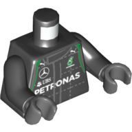 Visuel indicatif Rebrickable de Torse, costume de course avec patron, mercedes, petronas, puma et ubs logos, garniture verte, motif imprimé avant et arrière, bras noirs, mains gris bleuté foncé (Torso, Race Suit with Boss, Mercedes, Petronas, Puma and UBS Logos, Green Trim, Front and Back Print, Black Arms, Dark Bluish Gray Hands)