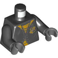 Torse, robe avec des lacets, maillot de corps jaune, motif imprimé de crête de Poudlard, bras noirs, mains gris bleuté foncé (Torso, Robe with Laces, Yellow Undershirt, Hogwarts Crest Print, Black Arms, Dark Bluish Gray Hands)