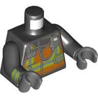 Visuel indicatif Rebrickable de Torse, gilet orange avec rayures argentées et vert citron et motif imprimé radio argenté, bras noirs avec motif imprimé à rayures réfléchissantes, mains gris bleuté foncé (Torso, Orange Vest with Silver and Lime Stripes and Silver Radio Print, Black Arms with Reflective Stripes Print, Dark Bluish Gray Hands)