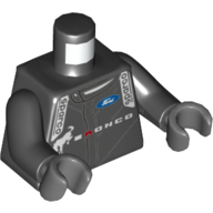 Visuel indicatif Rebrickable de Torse, veste de course, logo Ford et motif imprimé 'BRONCO', bras noirs, mains gris bleuté foncé (Torso, Racing Jacket, Ford Logo and 'BRONCO' Print, Black Arms, Dark Bluish Gray Hands)