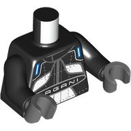 Torse, costume de course, patchs bleu foncé/blanc, motif : inscription 'PAGANI', bras noirs, mains gris bleuté foncé (Torso, Race Suit, Dark Blue/White Patches, 'PAGANI' Print, Black Arms, Dark Bluish Gray Hands)