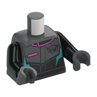 Visuel indicatif Rebrickable de Torse, costume de course gris bleuté foncé, garniture de corail, motif : éclairs turquoise foncé, bras noirs, mains gris bleuté foncé (Torso, Dark Bluish Grey Racing Suit, Coral Trim, Dark Turquoise Lightning Bolts Print, Black Arms, Dark Bluish Gray Hands)