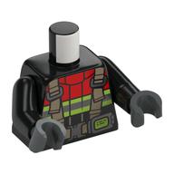 Visuel indicatif Rebrickable de Torse, costume de pompier rouge, rayures réfléchissantes argentées/jaunes néon, motif imprimé de bandes beige foncé, bras noirs, mains gris bleuté foncé (Torso, Red Fire Fighter Suit, Silver/Neon Yellow Reflective Stripes, Dark Tan Straps Print, Black Arms, Dark Bluish Gray Hands)