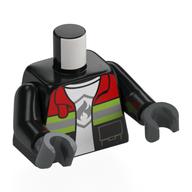 Torse, veste feu avec col rouge et rayures réfléchissantes, chemise blanche ouverte avec logo feu imprimé, bras noirs, mains gris bleuté foncé (Torso, Fire Jacket with Red Collar and Reflective Stripes, Open over White Shirt with Fire Logo Print, Black Arms, Dark Bluish Gray Hands)