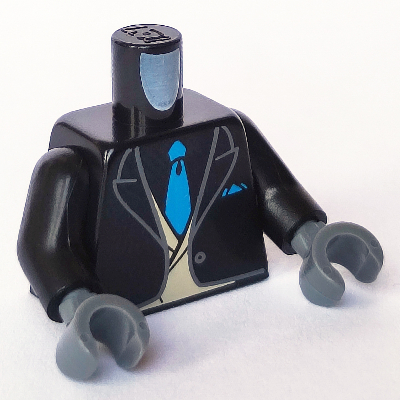 Visuel indicatif Rebrickable de Torse, veste smoking, cravate azur foncé, motif : gilet beige sur chemise noire, bras noirs, mains gris bleuté foncé (Torso, Tuxedo Jacket, Dark Azure Tie, Tan Vest over Black Shirt Print, Black Arms, Dark Bluish Gray Hands)