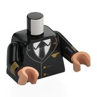 Torse, uniforme de pilote, insignes d'or, chemise blanche, motif : cravate noire, bras noirs, mains nougat (Torso, Pilot Uniform, Gold Insignias, White Shirt, Black Tie Print, Black Arms, Nougat Hands)