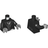 Visuel indicatif Rebrickable de Torse, manteau et gilet formel, chemise blanche et noeud papillon gris imprimé, bras noirs, mains gris bleuté clair (Torso, Tailcoat and Vest Formal, White Shirt and Gray Bow Tie Print, Black Arms, Light Bluish Gray Hands)