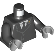 Torse, Veste boutonnée avec badge d'or sur col, chemise blanche et motif imprimé cravate noire, bras noirs, mains gris bleuté clair (Torso, Jacket Buttoned with Gold Badge on Collar, White Shirt and Black Tie Print, Black Arms, Light Bluish Gray Hands)
