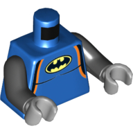 Torse, Combinaison avec bord noir et orange, motif imprimé Batman Logo, bras noirs, mains gris bleuté clair (Torso, Wetsuit with Black and Orange Trim, Batman Logo Print, Black Arms, Light Bluish Gray Hands)