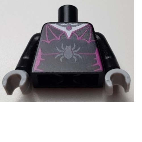 Torse, robe avec épaules magenta palmé, et motif imprimé araignée gris foncé, bras noirs, mains gris bleuté clair (Torso, Dress with Magenta Webbed Shoulders, and Dark Bluish Gray Spider Print, Black Arms, Light Bluish Gray Hands)