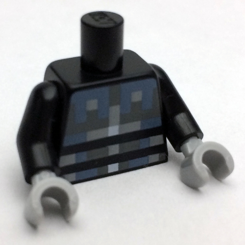 Visuel indicatif Rebrickable de Torse, pixélisé gris bleuté clair, armure bleu sable et argent motif imprimé, bras noirs, mains gris bleuté clair (Torso, Pixelated Light Bluish Gray, Sand Blue and Silver Armor Print, Black Arms, Light Bluish Gray Hands)