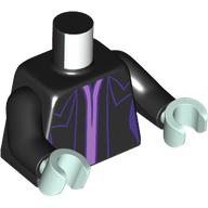 Visuel indicatif Rebrickable de Torse, veste, garniture violet foncé, motif : chemise lavande, bras noirs, mains vert d’eau clair (Torso, Jacket, Dark Purple Trim, Lavender Shirt Print, Black Arms, Light Aqua Hands)