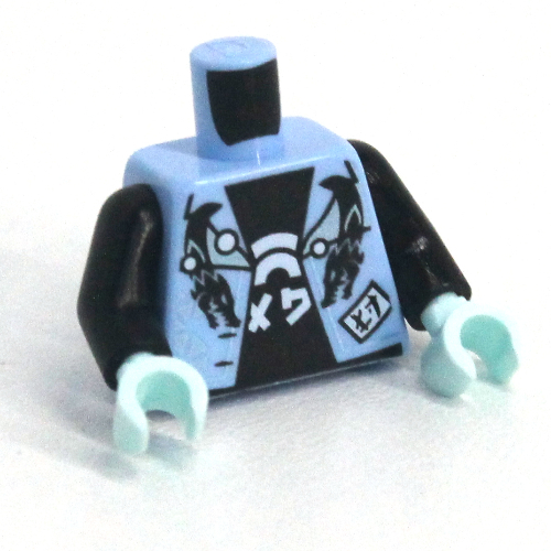 Visuel indicatif Rebrickable de Torse, veste gilet, ouvert sur un sous-vêtement noir avec emblème blanc imprimé, bras noirs, mains vert d’eau clair (Torso, Jacket Vest, Open over Black Undershirt with White Emblem Print, Black Arms, Light Aqua Hands)