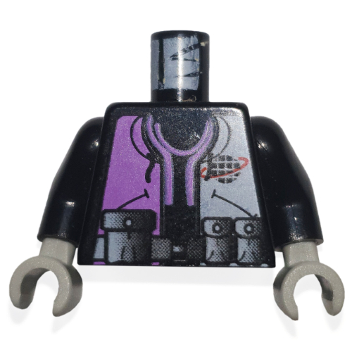 Visuel indicatif Rebrickable de Torse, veste avec logo alpha de l'équipe, chemise violette et 3 poches sur ceinture motif imprimé, bras noirs, mains gris clair (Torso, Jacket with Alpha Team Logo, Purple Shirt and 3 Pockets on Belt Print, Black Arms, Light Gray Hands)