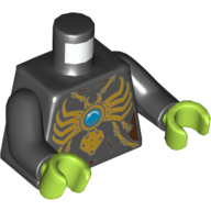 Torse, armure, chaîne en or et grand pendentif araignée avec bijou rond bleu (chi) imprimé, bras noirs, mains vert citron (Torso, Armor, Gold Chain and Large Spider Pendant with Blue Round Jewel (Chi) Print, Black Arms, Lime Hands)