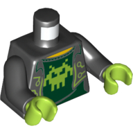 Visuel indicatif Rebrickable de Torse, veste ouverte sur chemise vert foncé avec motif imprimé alien pixelisé vert citron, bras noirs, mains vert citron (Torso, Open Jacket over Dark Green Shirt with Lime Pixelated Alien Print, Black Arms, Lime Hands)