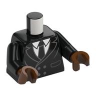 Visuel indicatif Rebrickable de Torse, veste de costume, chemise blanche, motif imprimé cravate noire, bras noirs, mains brun rougeâtre (Torso, Suit Jacket, White Shirt, Black Tie Print, Black Arms, Reddish Brown Hands)