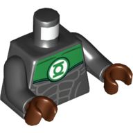 Torse, muscles, épaules vertes, logo lanterne verte imprimé, bras noirs, mains brun rougeâtre (Torso, Muscles, Green Shoulders, Green Lantern Logo Print, Black Arms, Reddish Brown Hands)