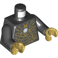 Visuel indicatif Rebrickable de Torse, armure, Plaques dorées, Cercle bleu clair/blanc (réacteur d'arc) motif imprimé (Iron Man), bras noirs, mains or nacré (Torso, Armour, Gold Plates, Light Blue/White Circle (Arc Reactor) Print (Iron Man), Black Arms, Pearl Gold Hands)