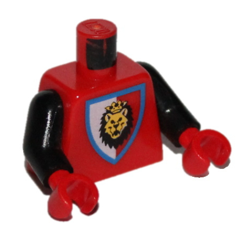 Torse, tête de lion chevaliers royaux sur motif imprimé bouclier rouge / blanc, bras noirs, mains rouges (Torso, Royal Knights Lion Head on Red/White Shield Print, Black Arms, Red Hands)