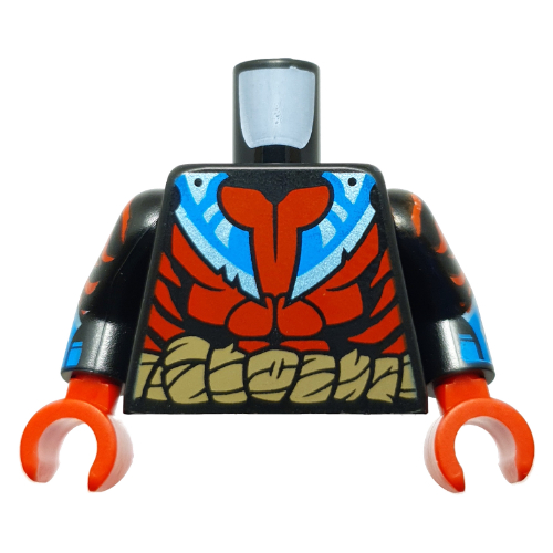 Torse, armure rouge, corde beige foncée, motif imprimé couleur azur moyen/azur foncé, bras noirs, mains rouges (Torso, Red Armor, Dark Tan Rope, Medium Azure/Dark Azure Color Print, Black Arms, Red Hands)