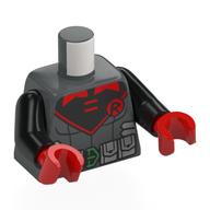 Torse, corps, ceinture utilitaire vert bleuté clair, poitrine noire, cercle rouge avec 'R', motif imprimé bord rouge, bras noirs, mains rouges (Torso, Bodysuit, Light Bluish Green Utility Belt, Black Chest, Red Circle with 'R', Red Trim Print, Black Arms, Red Hands)