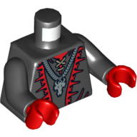 Visuel indicatif Rebrickable de Torse, chemise à lacets, garniture rouge et motif imprimé tête de dragon argenté, bras noirs, mains rouges (Torso, Lace-up Shirt, Red Trim and Silver Dragon Head Chain Print, Black Arms, Red Hands)